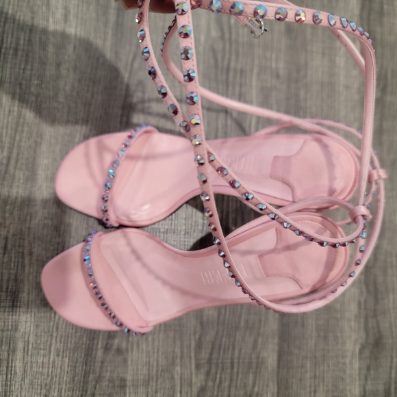 Piferi Satin Vegan Leather Ankle Wrap Stylish Pink Rhinestone Heels Size 37 Or 7 - Picture 11 of 14